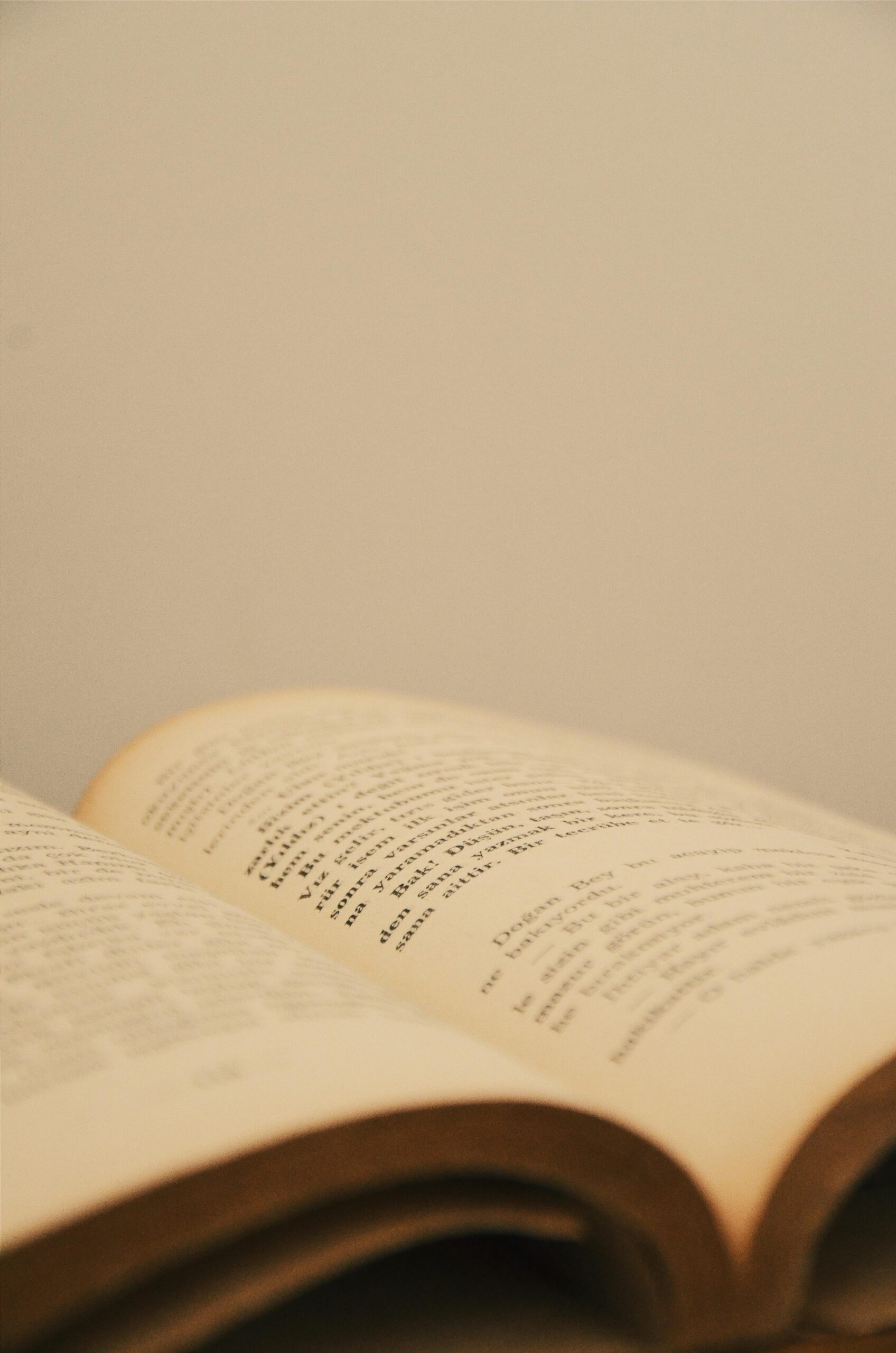 Open book with printed words, photographed in warm lighting with copyspace.